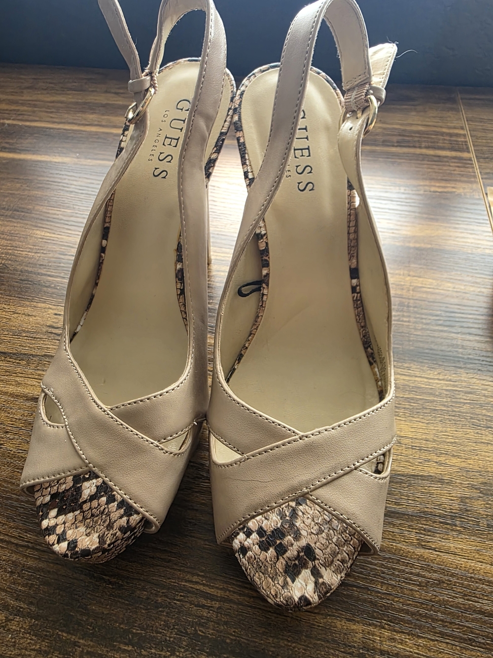 GUESS Women's Beige Slingback Peep-Toe Heels with Snakeskin Accent